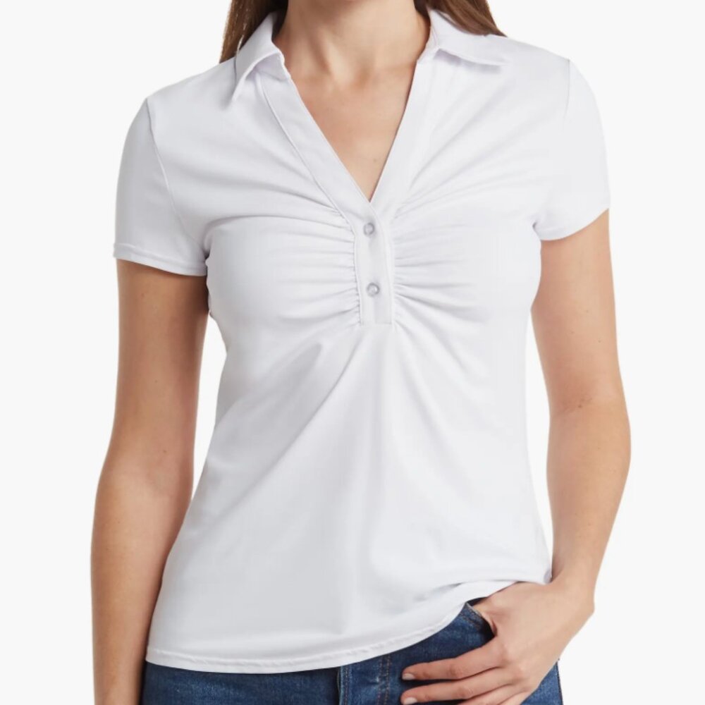 BY DESIGN Elly Cap Sleeve Ruched Polo. XL WHITE